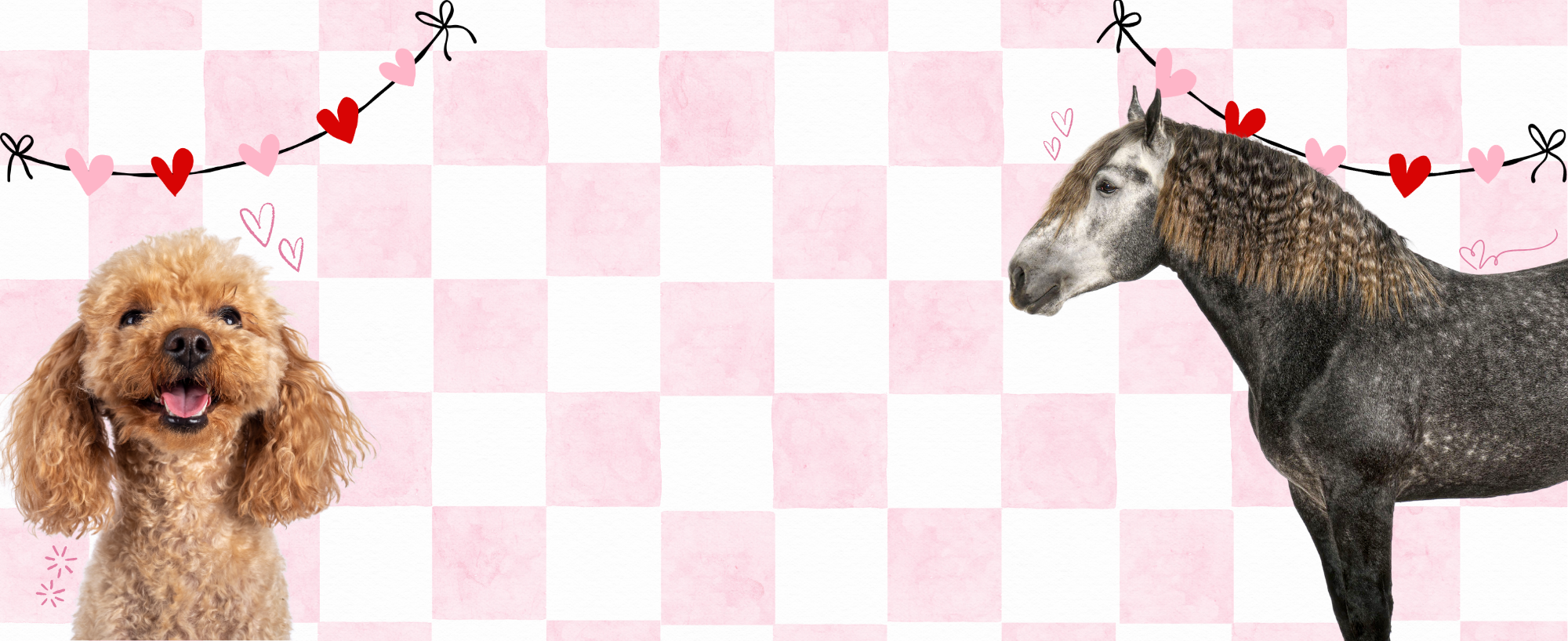Two animals, a dog and a horse, on a pink checkered background with heart decorations.